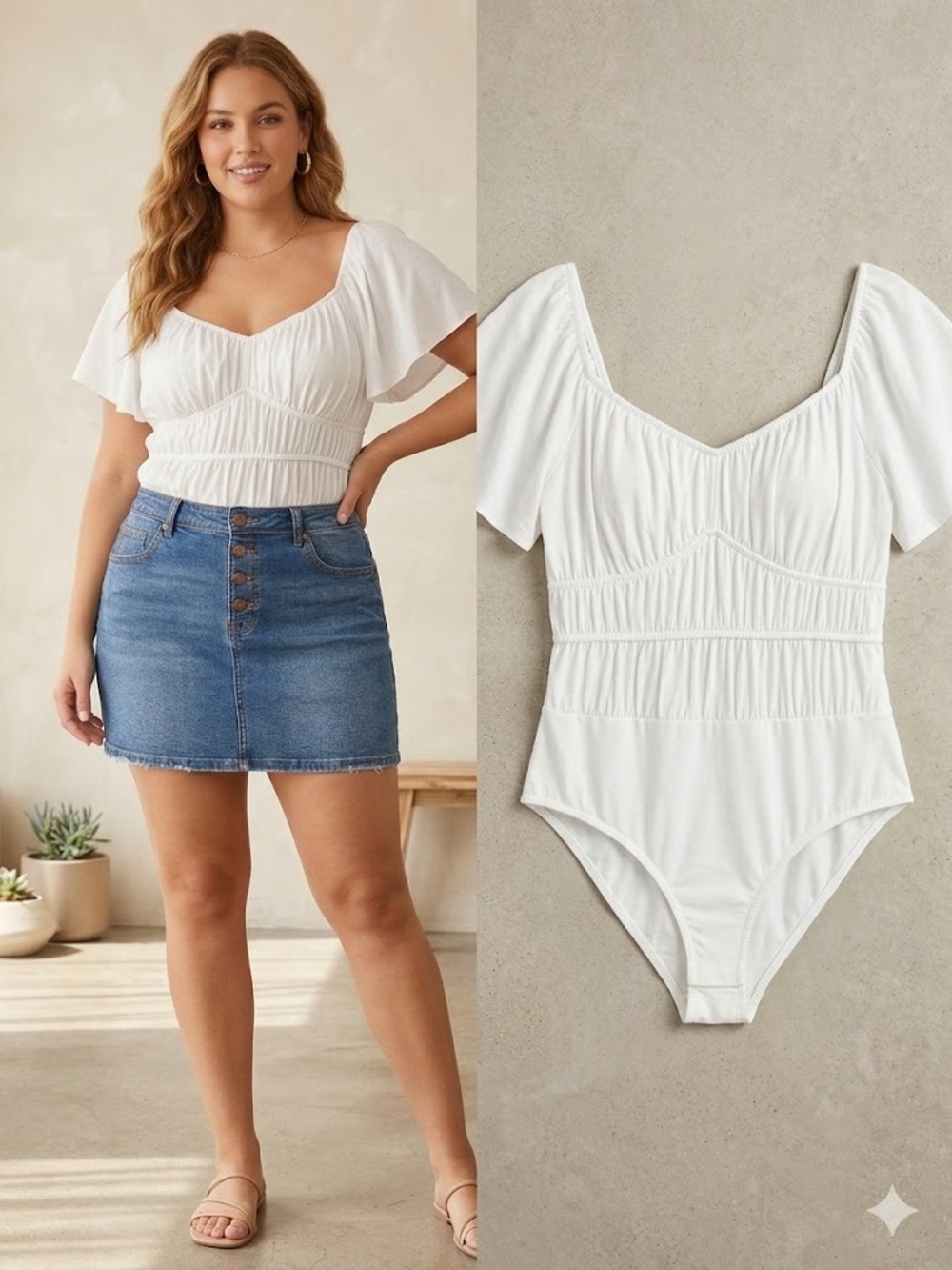 Lulu’s White Sweetheart Ruched Bodysuit with flowy sleeves